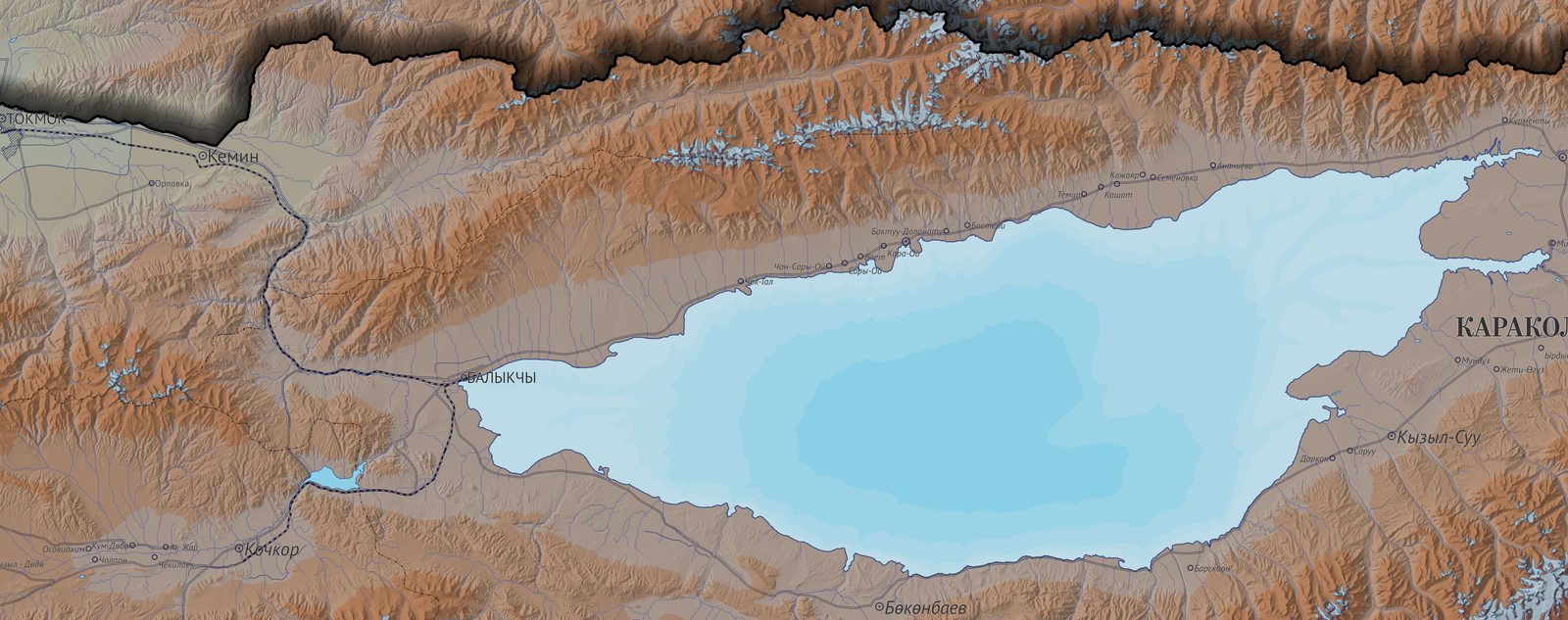 Detail of the Kyrgyzstan relief map: the Terskey Ala-Too south of Issyk-Kul, glacier speckle in cartographic blue