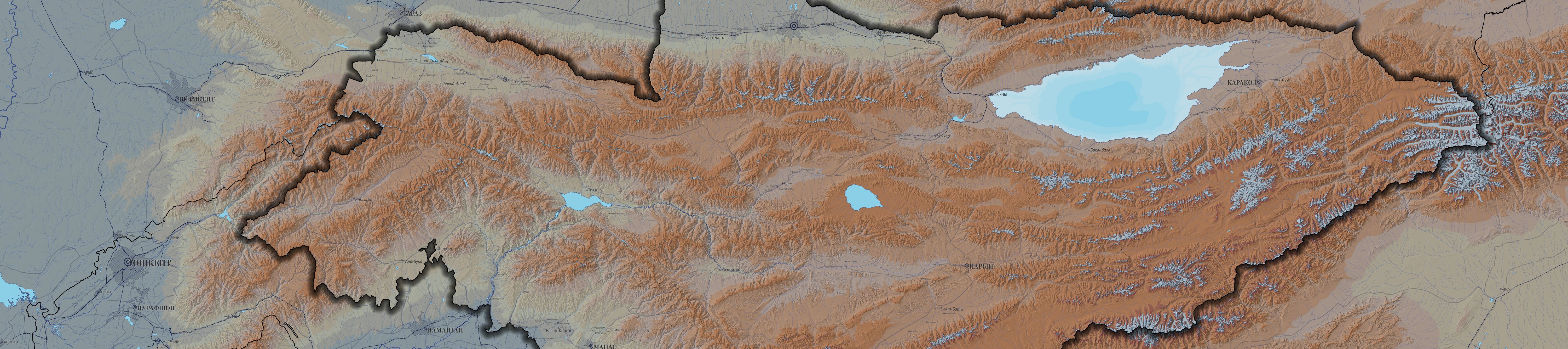 Painterly relief map of Kyrgyzstan in Soviet cartographic style: terracotta highlands, glacier-blue lakes, pale steppe